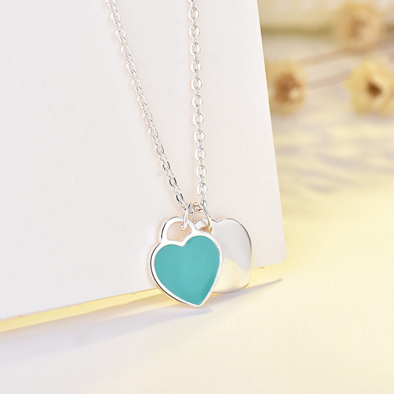 Fashion Accessories Enamel Double Heart Pendant Stainless Steel Necklace N002