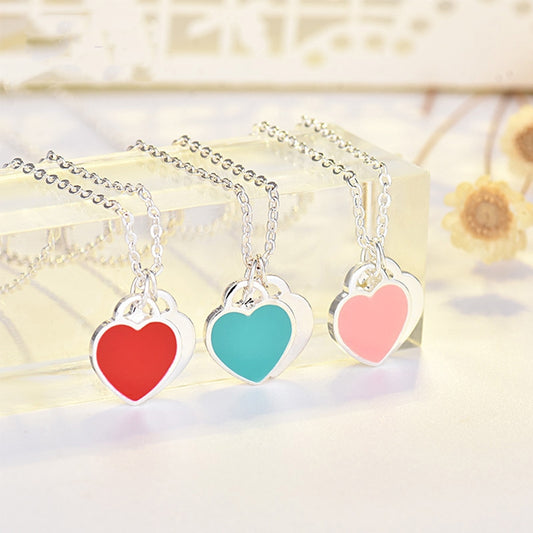 Fashion Accessories Enamel Double Heart Pendant Stainless Steel Necklace N002