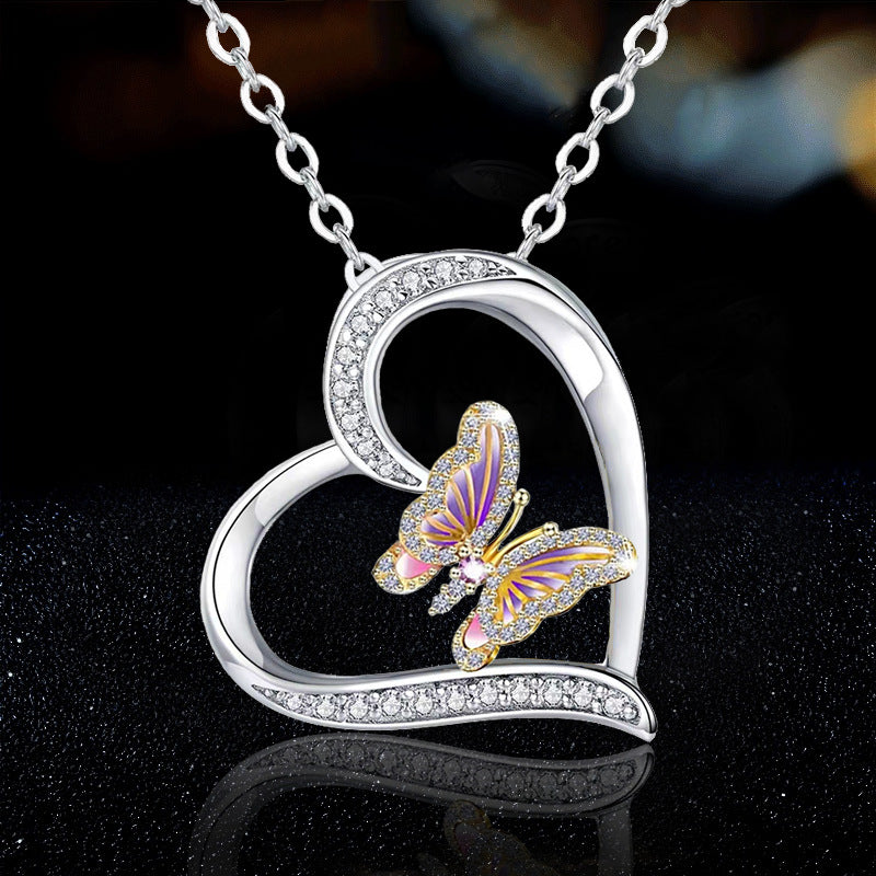 rainbow gem rhinestones zircon heart and butterfly necklace N028