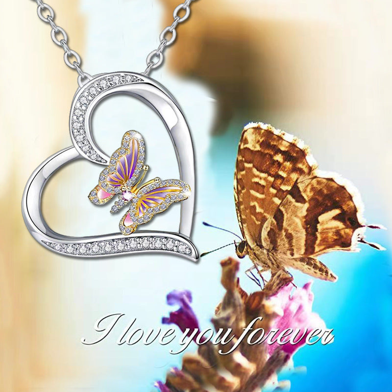 rainbow gem rhinestones zircon heart and butterfly necklace N028