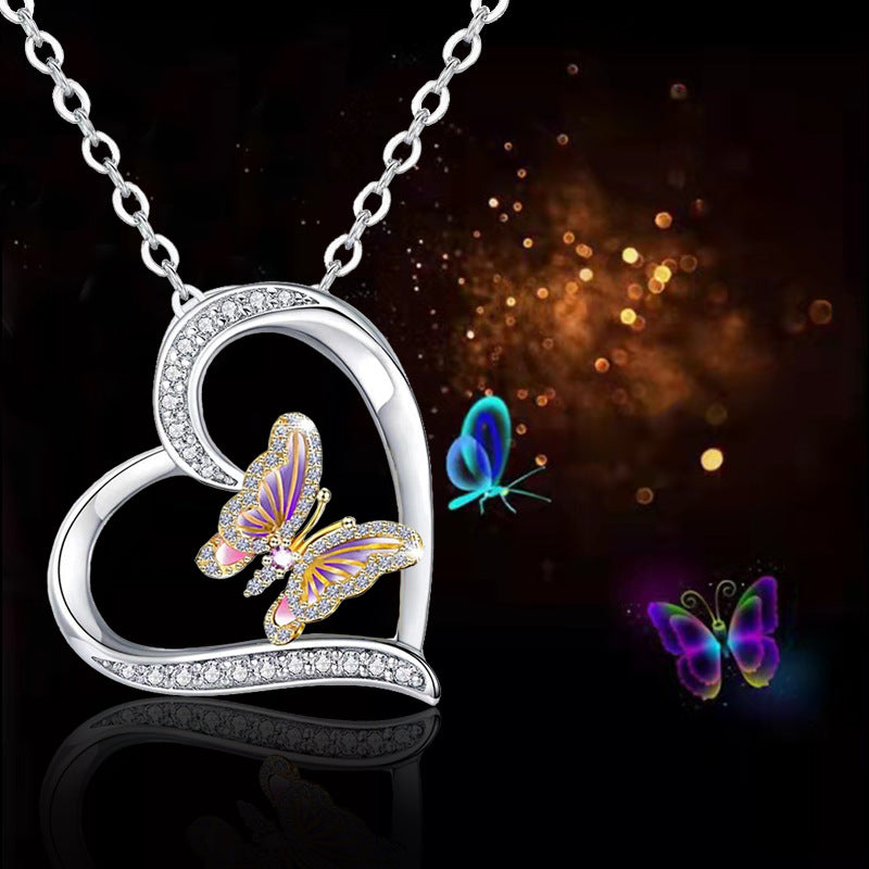 rainbow gem rhinestones zircon heart and butterfly necklace N028