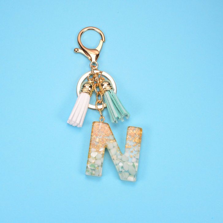 Alphabetic key chain tassel pendant stone gold foil resin key  #KC066