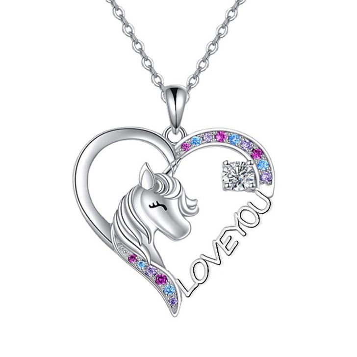 rainbow gem rhinestones zircon heart and unicorn necklace N024