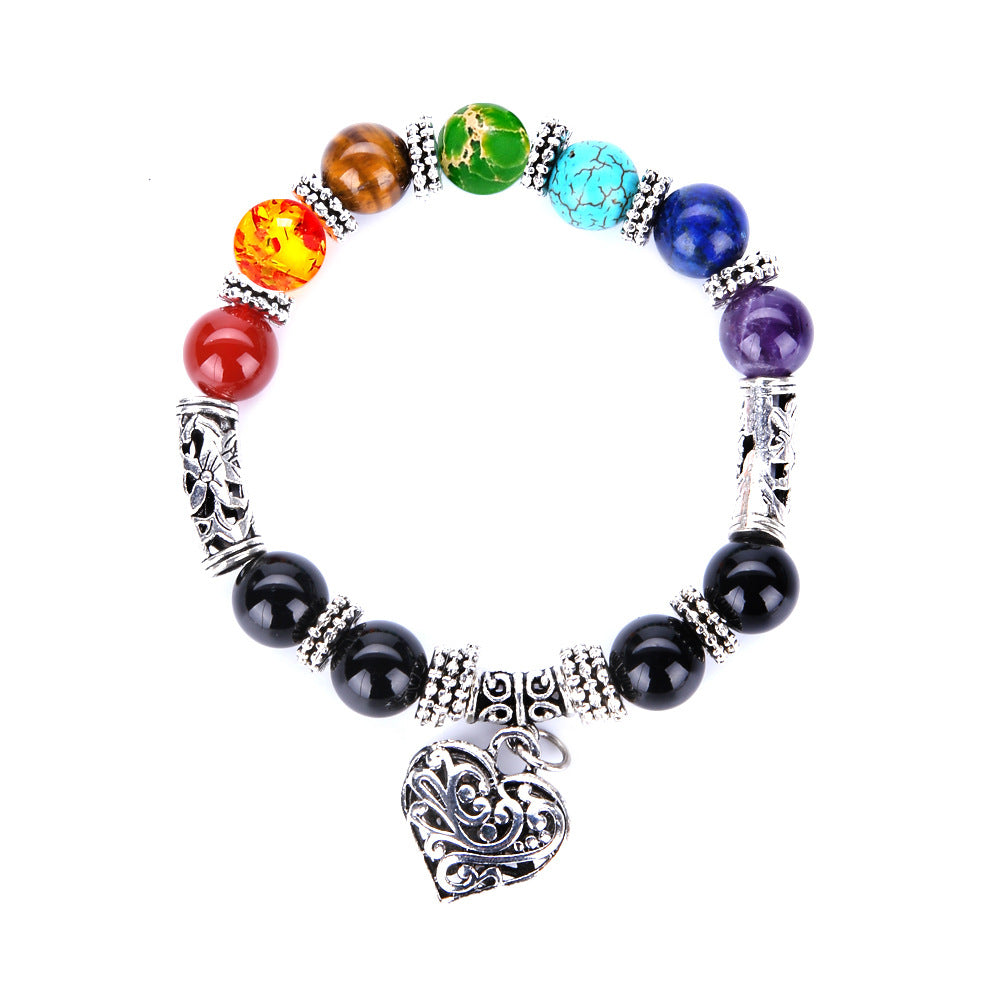 Peach Heart Pendant Yoga Bracelet Black Onyx Colorful Bracelet B097-B104