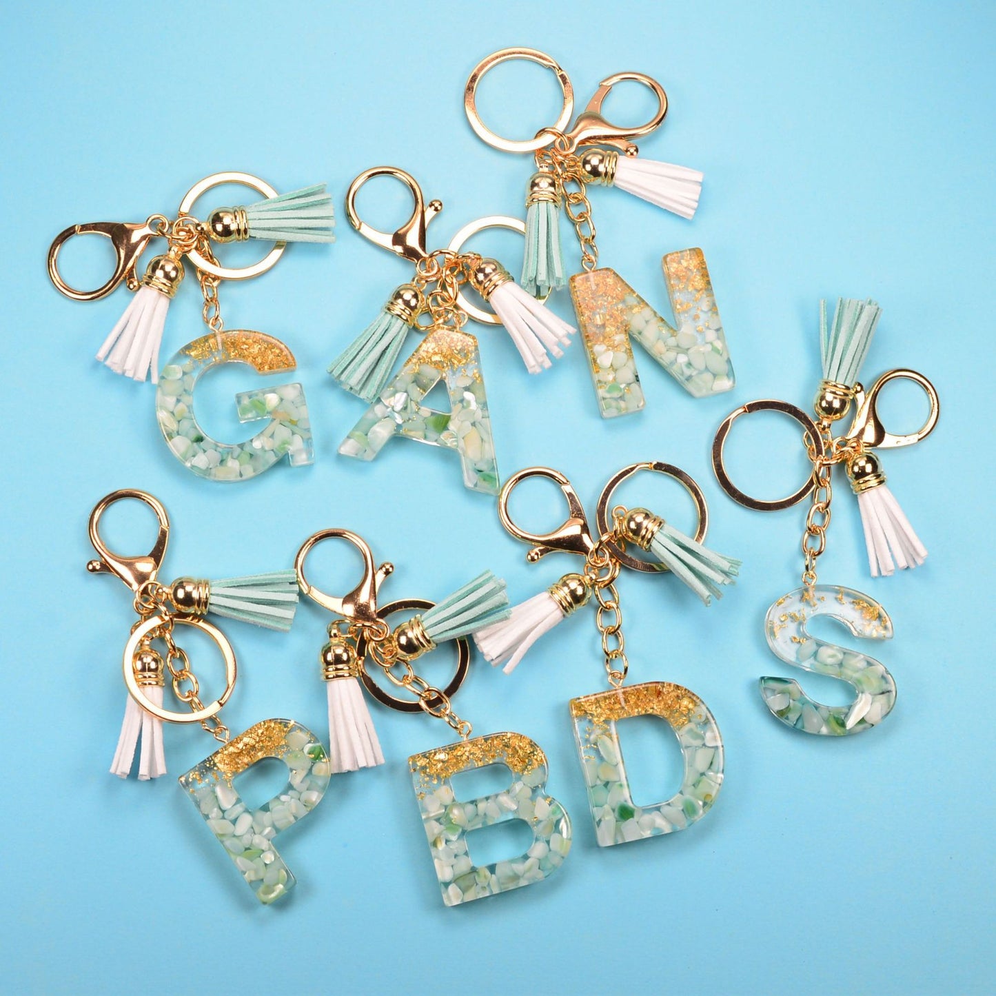 Alphabetic key chain tassel pendant stone gold foil resin key  #KC066