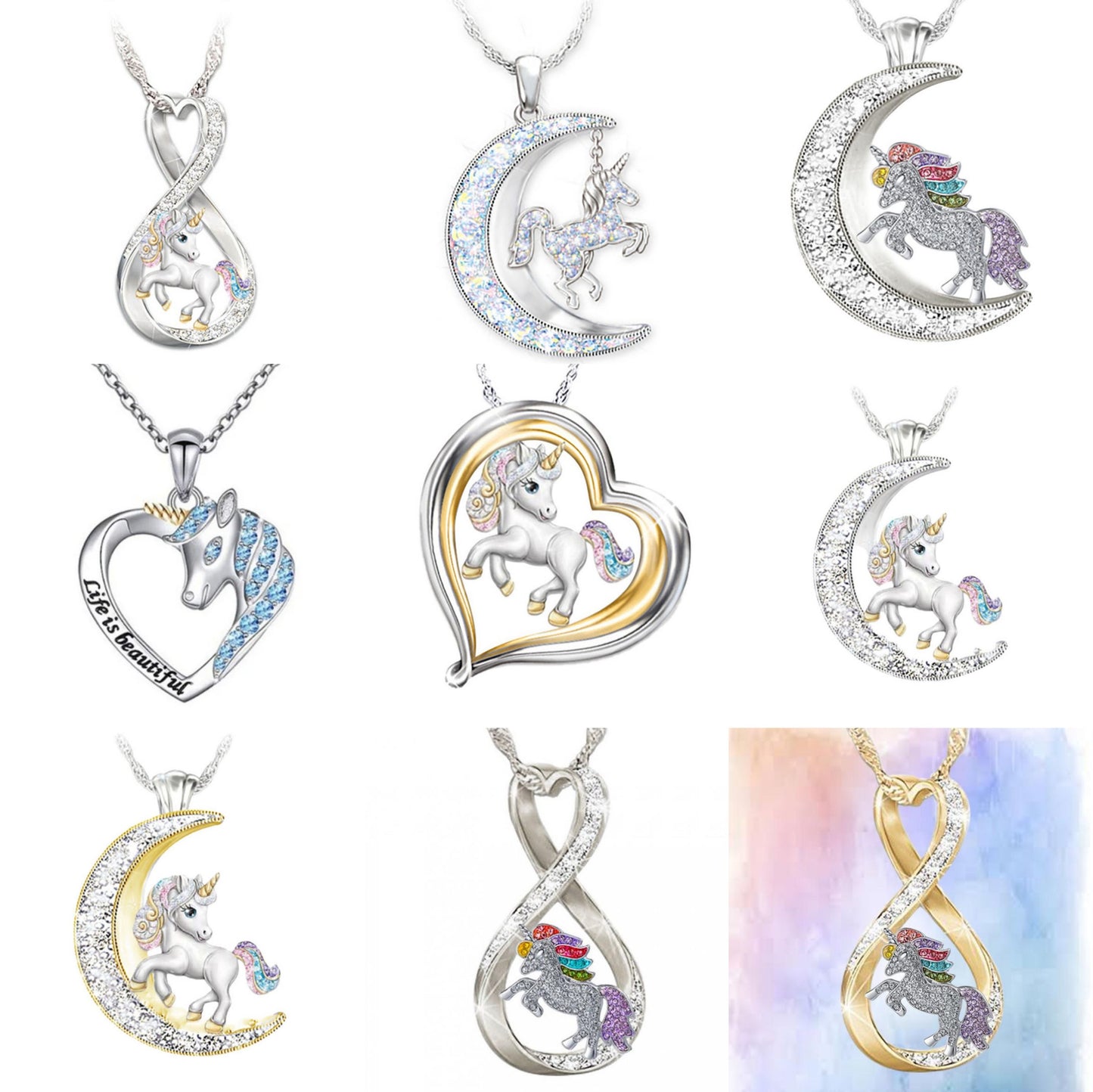 rainbow gem rhinestones zircon unicorn necklace N085-N093