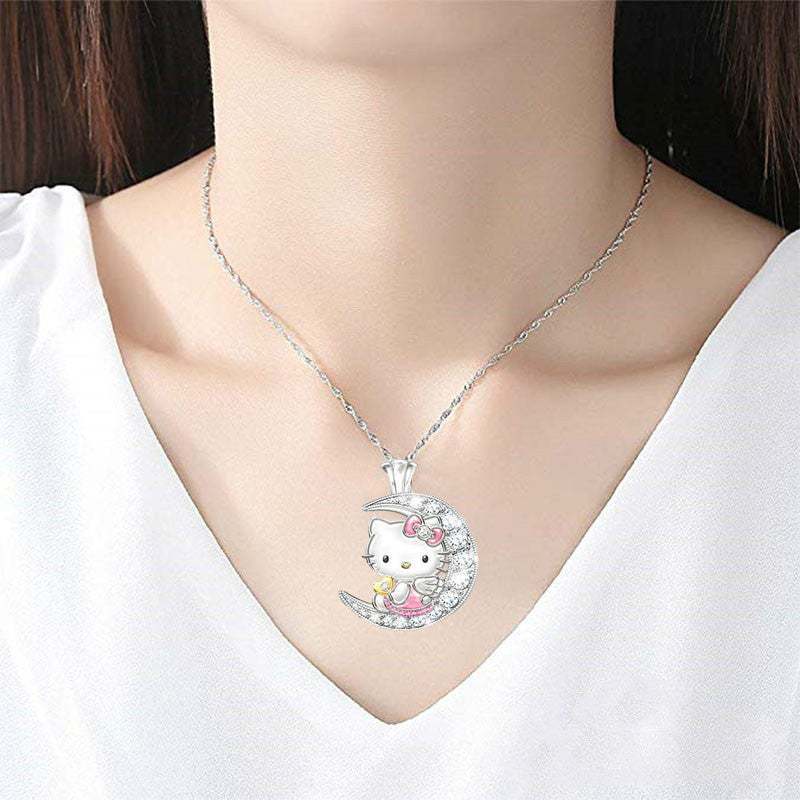 rainbow gem rhinestones zircon moon and cat necklace N024