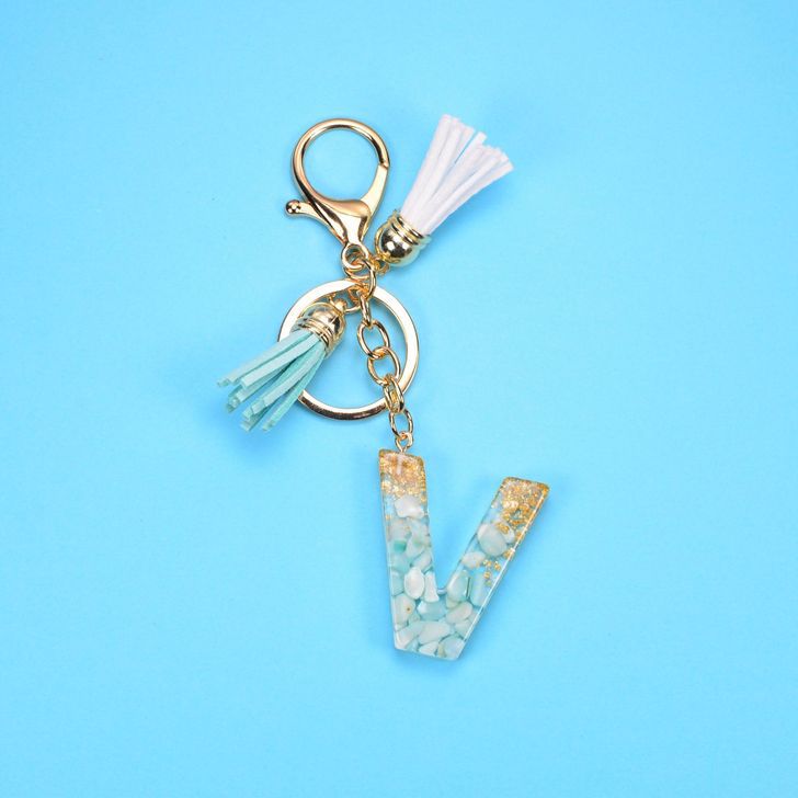 Alphabetic key chain tassel pendant stone gold foil resin key  #KC066