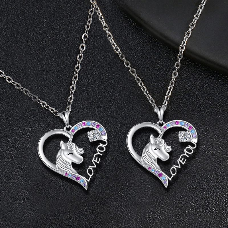 rainbow gem rhinestones zircon heart and unicorn necklace N024