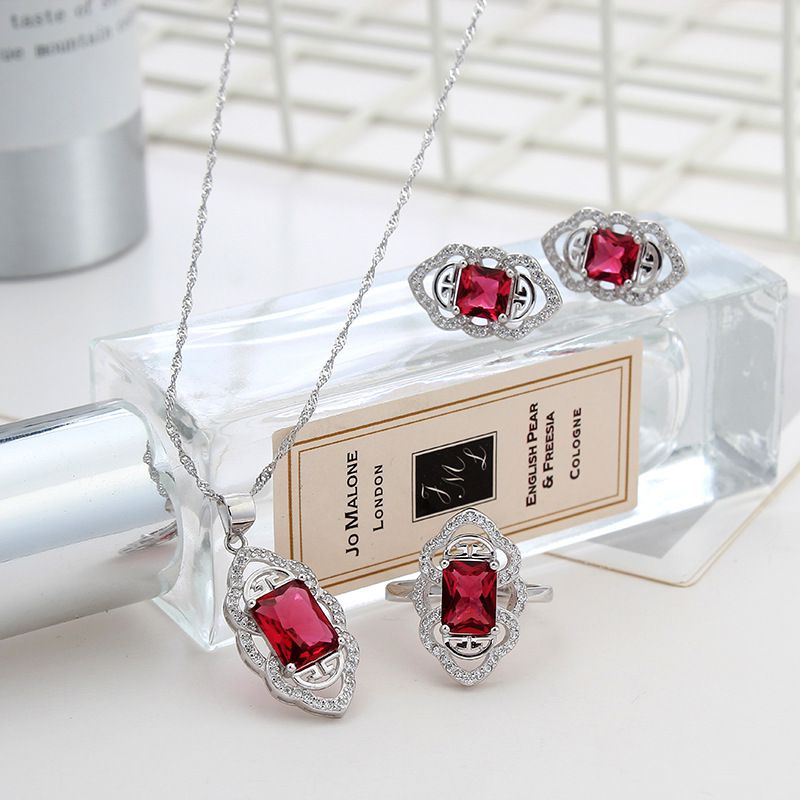 sterling silver S925 gem pendant+ring+earrings set  #SGS052-SGS053