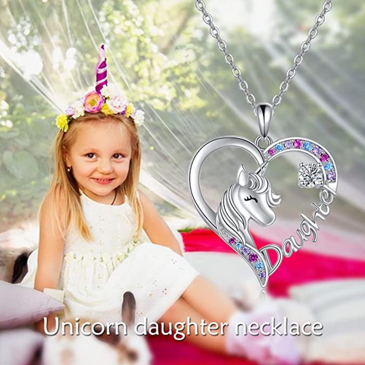 rainbow gem rhinestones zircon heart and unicorn necklace N024