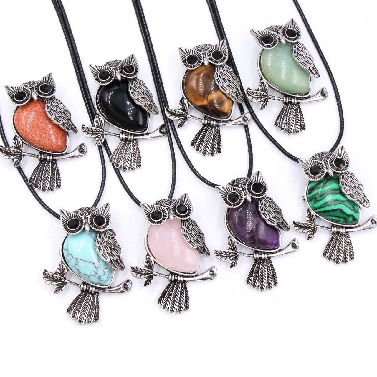 natural stone owl pendant with leather chain   #P022