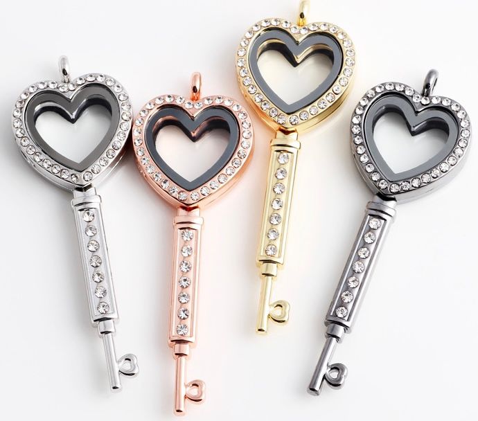 Heart-shaped key Perfume bottle  floating locket necklace for charms and mini pearls  LN044-LN047