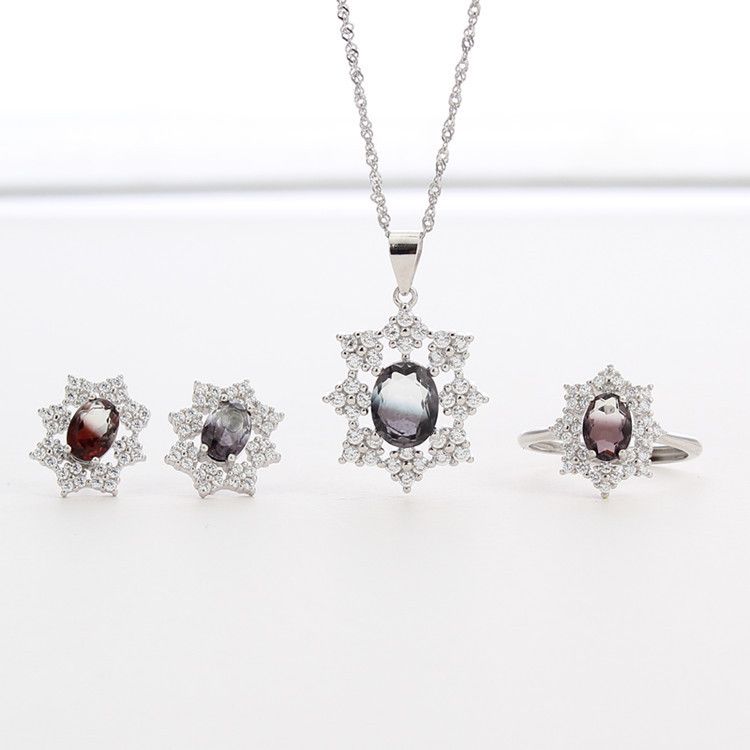 sterling silver S925 gem pendant+ring+earrings set  #SGS054-SGS055