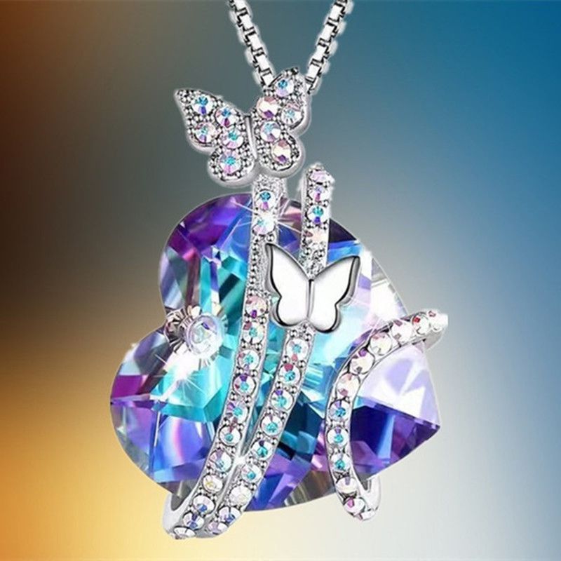 rhinestones rainbow zircon heart necklace N084