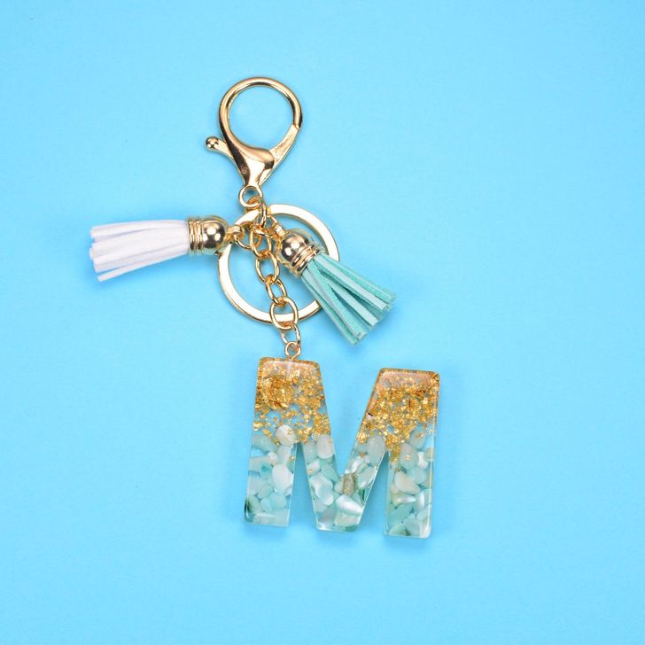 Alphabetic key chain tassel pendant stone gold foil resin key  #KC066