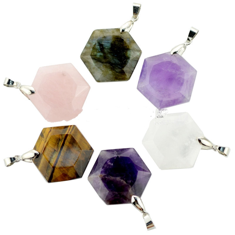 natural crystal hexagon pendant necklace P055