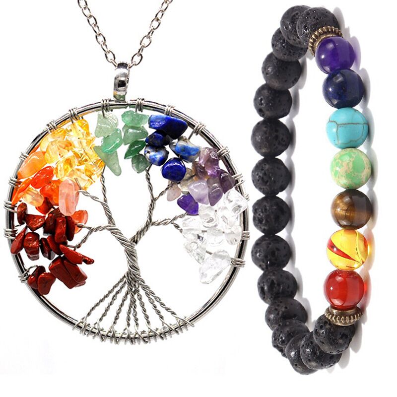 natural crystal chips lifetree necklace and 7-chakras bracelet set JS041-R