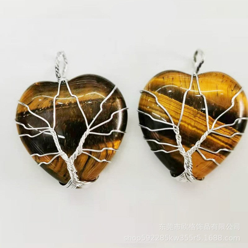 Life Tree Wrap Crystal Heart Shape Natural Stone Pendant #P047-P054