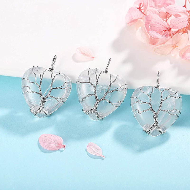 Life Tree Wrap Crystal Heart Shape Natural Stone Pendant #P047-P054