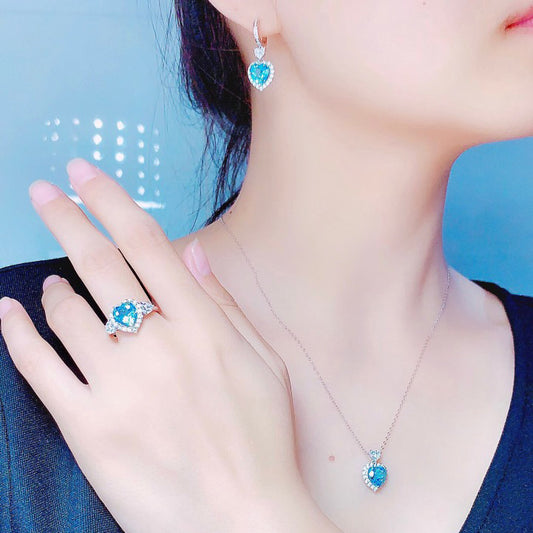 Rhinestone crystal blue topaz necklace ring Earrings jewelry Set #JS041