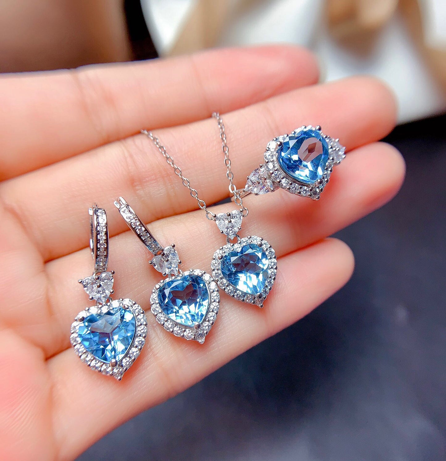 Rhinestone crystal blue topaz necklace ring Earrings jewelry Set #JS041