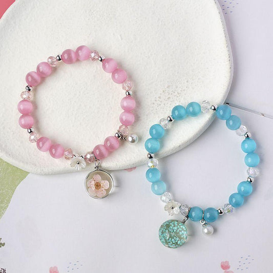 cateye stone bracelet with natural dry flower bracelet B003-B005